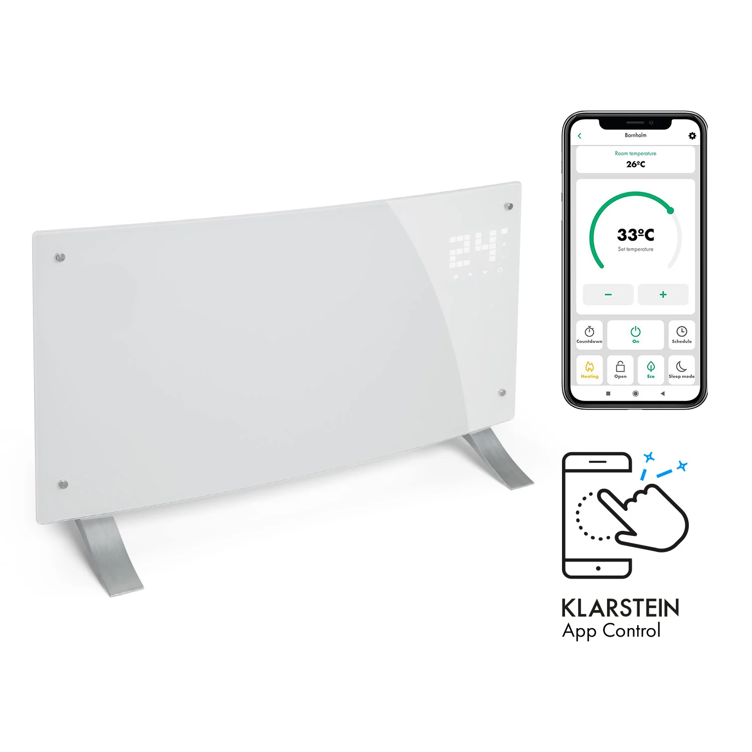 بخاری برقی هوشمند خمیده klarstein Bornholm Curved Smart - با کنترل وای‌ فای طراحی شیشه‌ ای مدرن